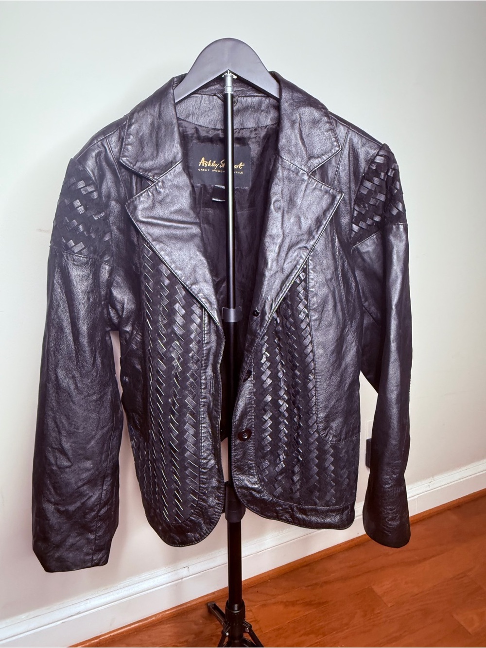 Ashley Stewart Black Woven-Panel Faux Leather Jacket
